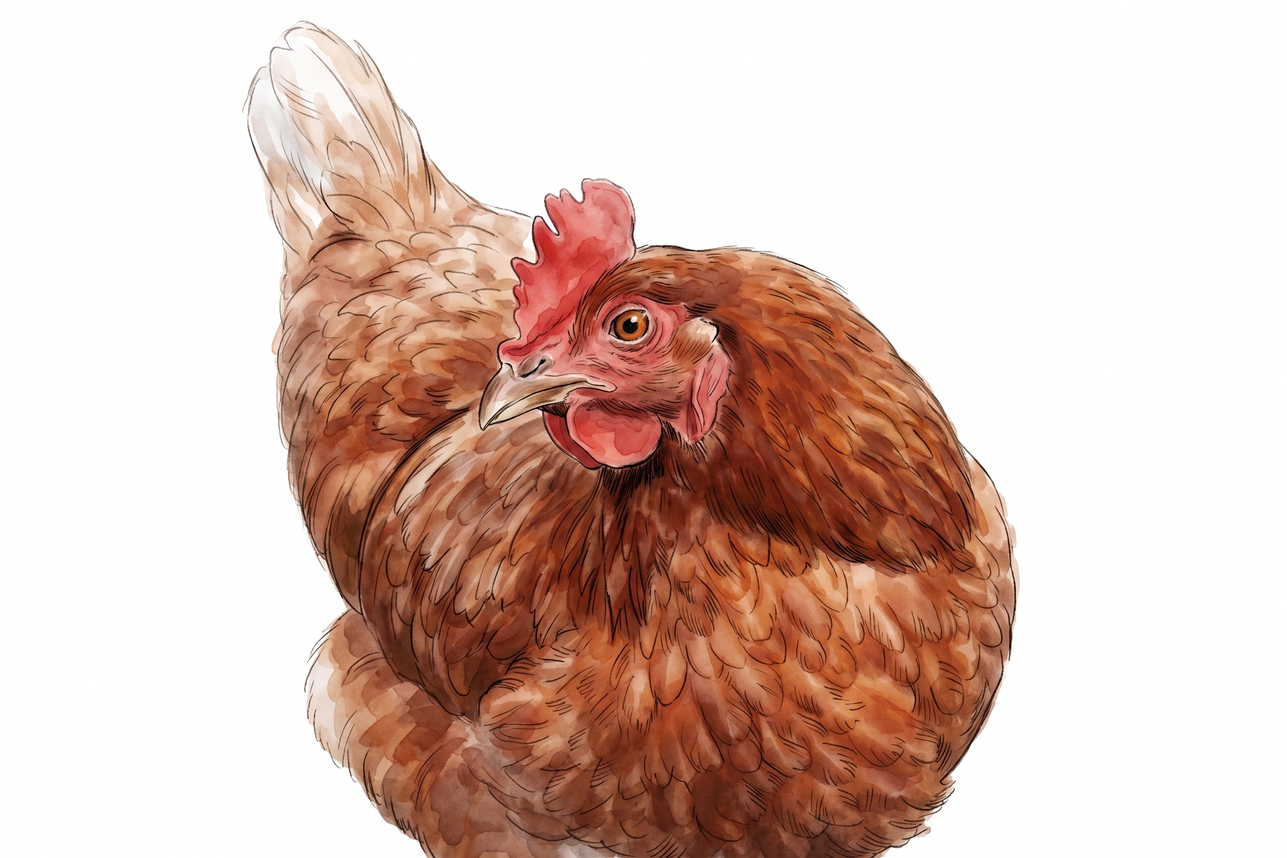 Watercolor illustration of a Red Star hen